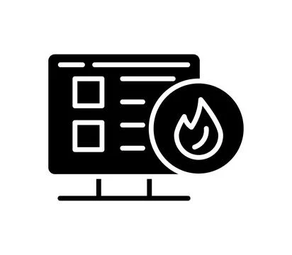 Black and White Fire Icon with Screen Displaying Options or Content Stock Illustration