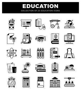 Black and white flat design icons of education. science. and learning tools.. Stock Illustration