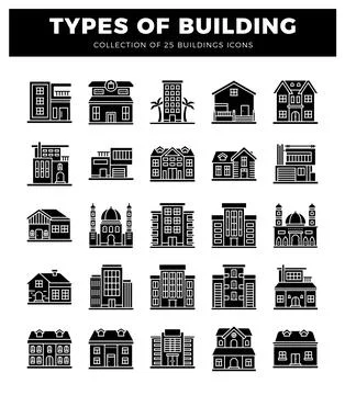 Black and white flat icons of 25 different building types arranged in a gri.. Ilustración de archivo