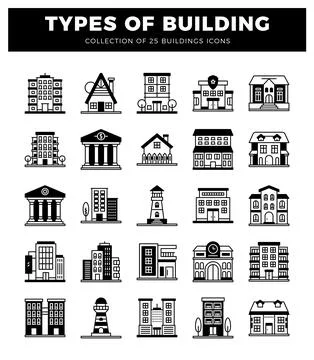 Black and white flat icons illustrating various building types. including h.. Ilustración de archivo