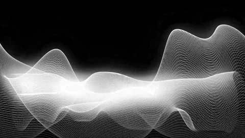 Black and white flickering waveform landscape animation, audio pattern visual Stock Footage 313328509