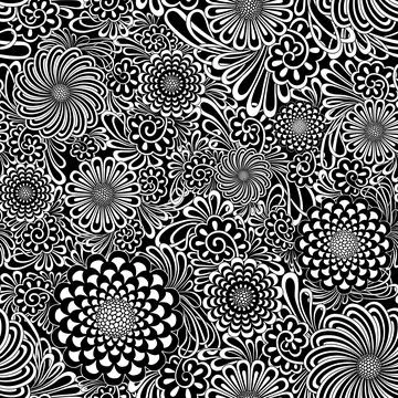 Black and white floral pattern with swirling shapes and concentric petals. High Stock Illustration