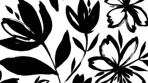 Black and white floral pattern, abstract brush strokes, minimalist design Stock Illustration