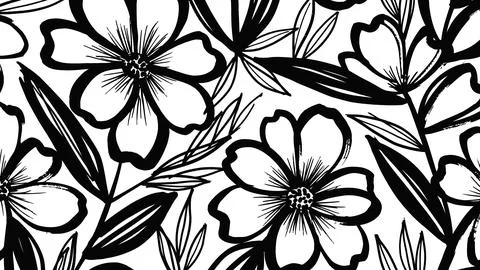 Black and White Floral Pattern: Hand-Drawn Flowers and Leaves Seamless Back.. Stock Illustration