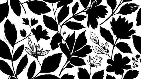 Black and white floral pattern, silhouette of leaves and flowers on white b.. Illustrazione stock