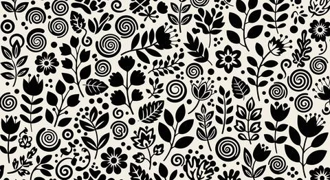 A black and white floral pattern with many different flowers Stock Illustration
