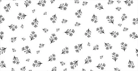 Black and white floral pattern with hand drawn botanical elements and cute tiny Illustrazione stock