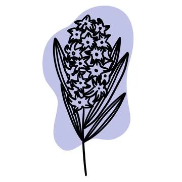 Black and white flower with violet brush in outline doodle style. Hand draw.. Stock Illustration