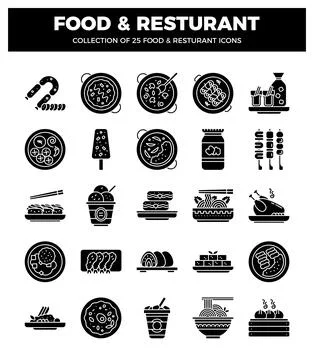 Black and white food and restaurant icons collection presented on a white b.. Stock Illustration