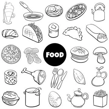 Black and white food objects big set cartoon illustration Stock Illustration