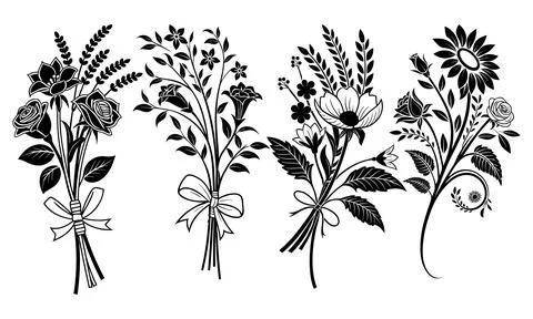 Black and white of four bouquets of flowers with bows ribbons Stock Illustration