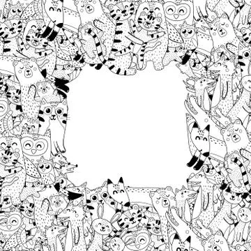 Black and white frame with cute animals - mothers and babies Stock Illustration