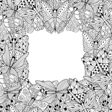 Black and white frame with doodle butterflies Stock Illustration