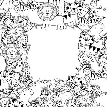 Black and white frame template with safari animals Stock Illustration