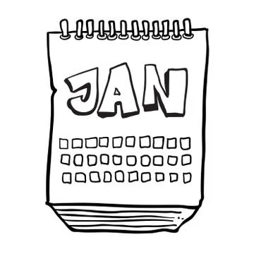 Black and white freehand drawn cartoon calendar showing month of january Stock Illustration