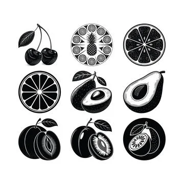 Black and white fruit including cherries pineapple orange slices avocado pe.. Stock Illustration