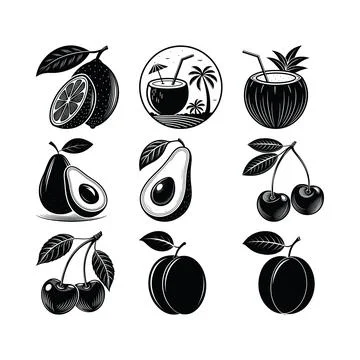 Black and white fruit lemon avocado cherries coconut drink plum Stockillustratie