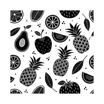 Black and white fruit pattern with pineapples oranges apples and strawberri.. Illustrazione stock