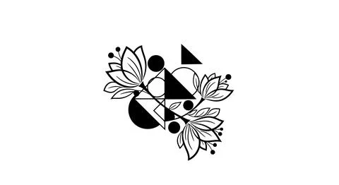 A black and white geometric design with leaves and shapes Stock Illustration
