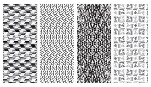 Black and white geometric seamless patterns collection featuring optical cube Stock Illustration