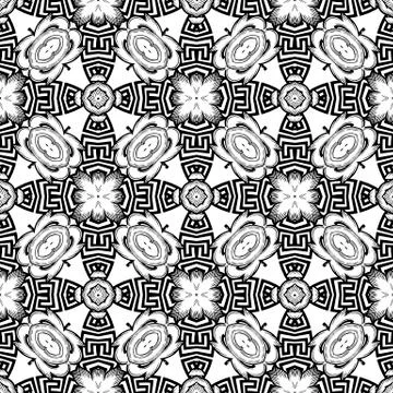 Black and white geometric vector seamless pattern. Greek ornamental background Stock Illustration