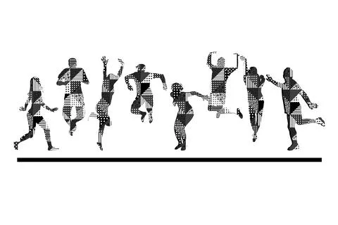 Black and white geometrical pattern people silhouettes jumping Stock Illustration