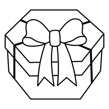 Black and white gift box icon with ribbon bow. Outline black gift in one line Stock Illustration