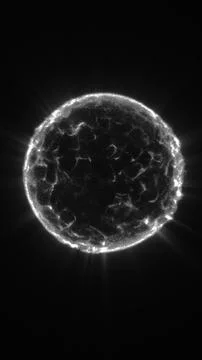 Black and white glowing sphere with bright corona rays on a dark background.. Stock Illustration