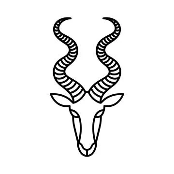 Black and white of a goat head with spiral horns outline Stock Illustration