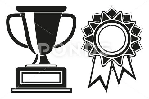 Black and white goblet and rosette award set. Stock Illustration