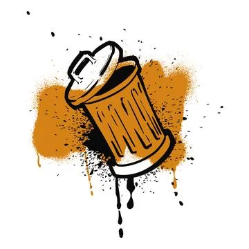 Black and white graffiti, trash can with open lid, splashes and orange stain Stock Illustration