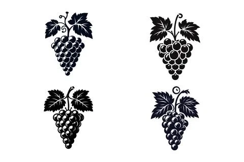 Black and White Grape Icon Set with Silhouette Style, Vector Illustration Stock Illustration