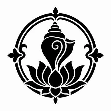 Black and white graphic design of a sacred conch shell over lotus flower symb Иллюстрация