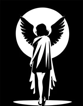Black and white graphic drawing angel, girl with wings, design Stock Illustration