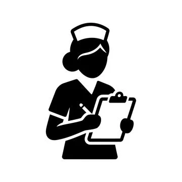 Black and White Graphic Icon of a Professional Nurse Holding a Patient Clip.. Ilustração Stock