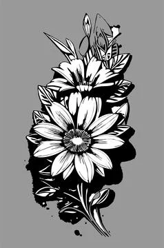 Black and white graphic linear drawing of a branch of flowers on a gray bac.. Stock Illustration