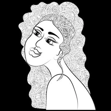 Black and white graphics - brooding girl with curly hair Stock Illustration