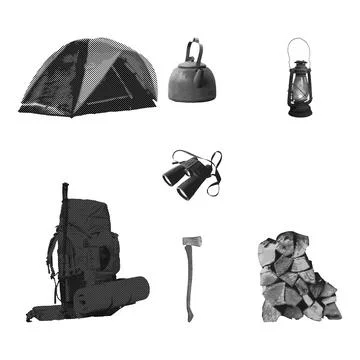 Black and white halftone dot camping starter pack. Isolated White background. Stock Illustration
