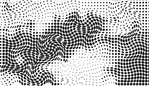Black and white halftone pattern background featuring distorted dot grid waves Stock Illustration