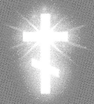 Black and white halftone style shining Orthodox cross. Riligious symbol. Glowing Stock Illustration