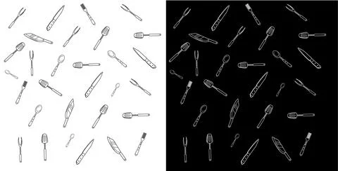 Black and white halved kitchen tool patterned background for wallpapers Stock Illustration