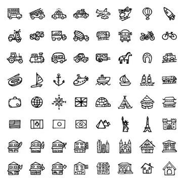 Black and white hand drawn icons - TRANSPORTATION &amp; ARCHITECTURE Stock Illustration