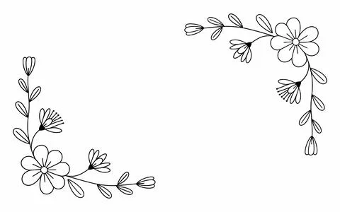 Black and white hand-drawn floral corner flourish with leaves and blossoms Stock Illustration
