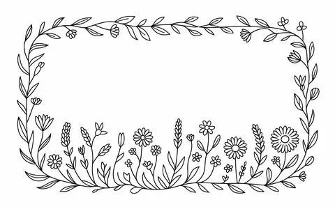 Black and white hand-drawn floral border with leaves and flowers vine Stock Illustration