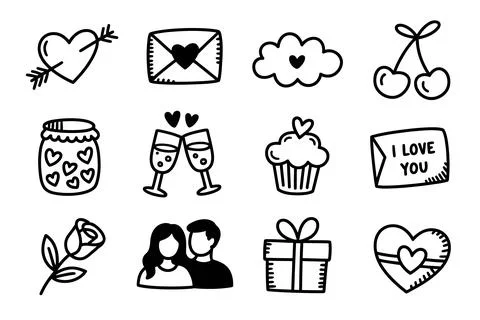 Black and white hand-drawn doodle representing love, romance, and valentine.. Ilustração Stock