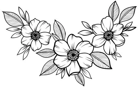 A black and white hand drawn line art illustration of a floral bouquet featur Stock Illustration