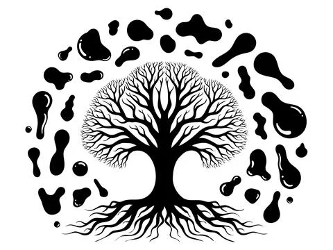 Black and white Hand Drawn concept design featuring a bare tree with roots su Stock Illustration