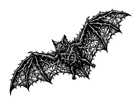 Black and white hand drawn illustration of a flying bat with thorny wings Stock Illustration