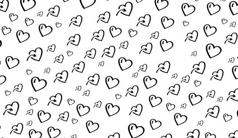 Black and white hand drawn heart pattern background with scattered love symbols Stock Illustration