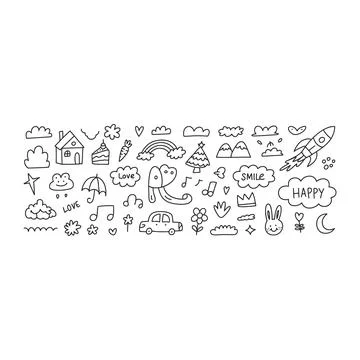 Black and white hand drawn doodle set with rocket, house, rainbow and natur.. Stock Illustration